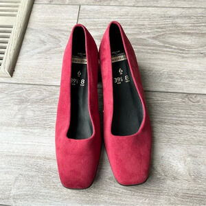 St. Michael Red Faux Suede Square  Toe Block Heel Pumps